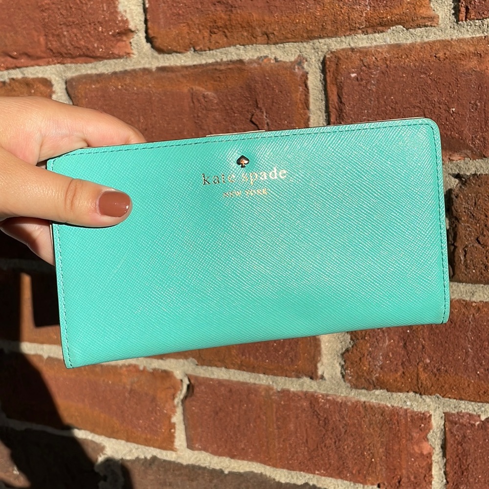 Kate Spade Slim Bifold Wallet Teal Blue Polka Dot